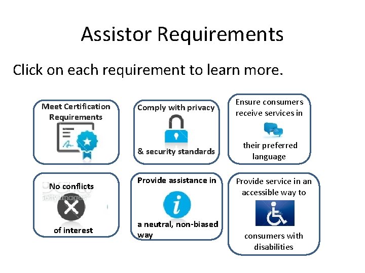 Assistor Requirements Click on each requirement to learn more. Meet Certification Requirements No conflicts