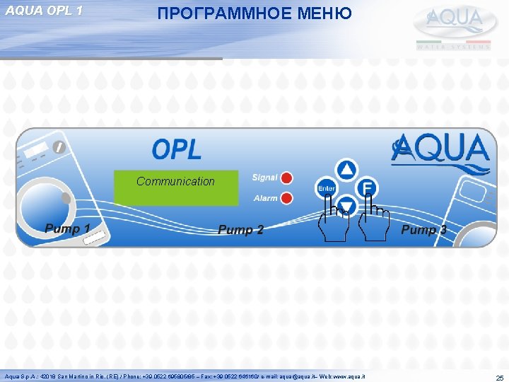 AQUA OPL 1 ПРОГРАММНОЕ МЕНЮ Communication Aqua S. p. A. : 42018 San Martino