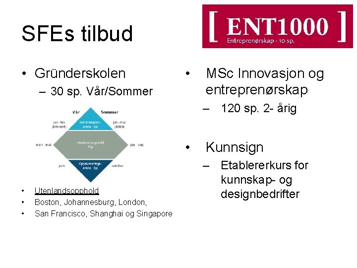 SFEs tilbud • Gründerskolen • – 30 sp. Vår/Sommer MSc Innovasjon og entreprenørskap –