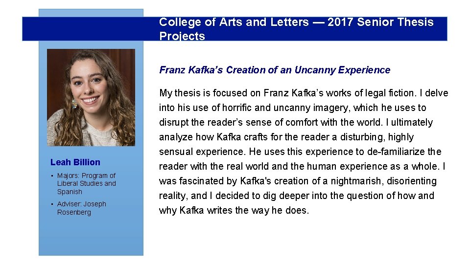 College of Arts and Letters — 2017 Senior Thesis Projects Franz Kafka’s Creation of
