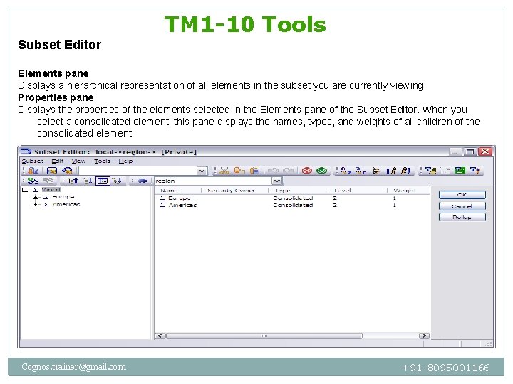 TM 1 -10 Tools Subset Editor Elements pane Displays a hierarchical representation of all