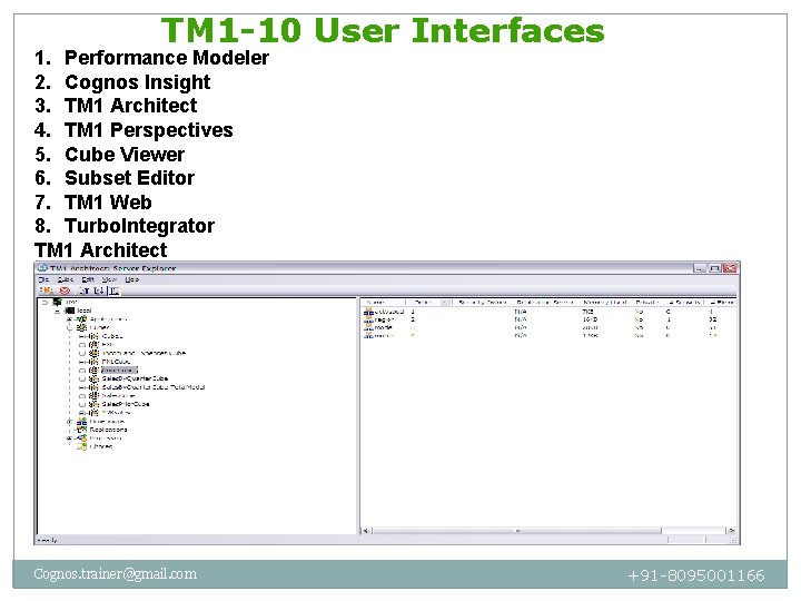 TM 1 -10 User Interfaces 1. Performance Modeler 2. Cognos Insight 3. TM 1