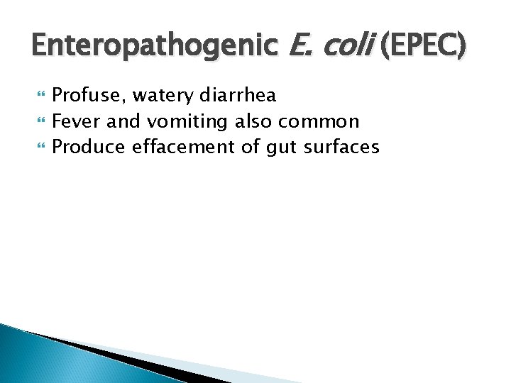 Enteropathogenic E. coli (EPEC) Profuse, watery diarrhea Fever and vomiting also common Produce effacement