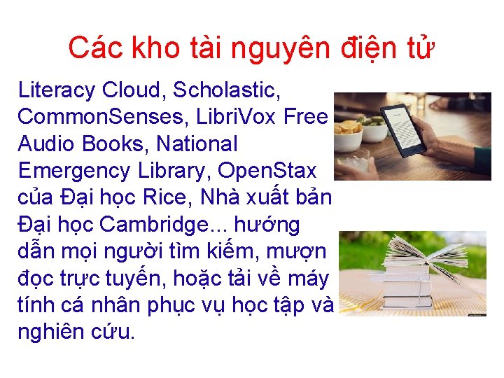 Các kho tài nguyên điện tử Literacy Cloud, Scholastic, Common. Senses, Libri. Vox Free