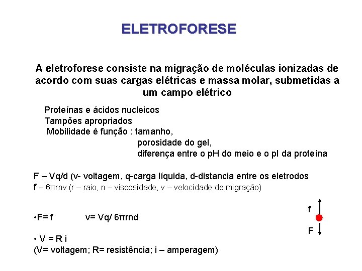 ELETROFORESE A eletroforese consiste na migração de moléculas ionizadas de acordo com suas cargas