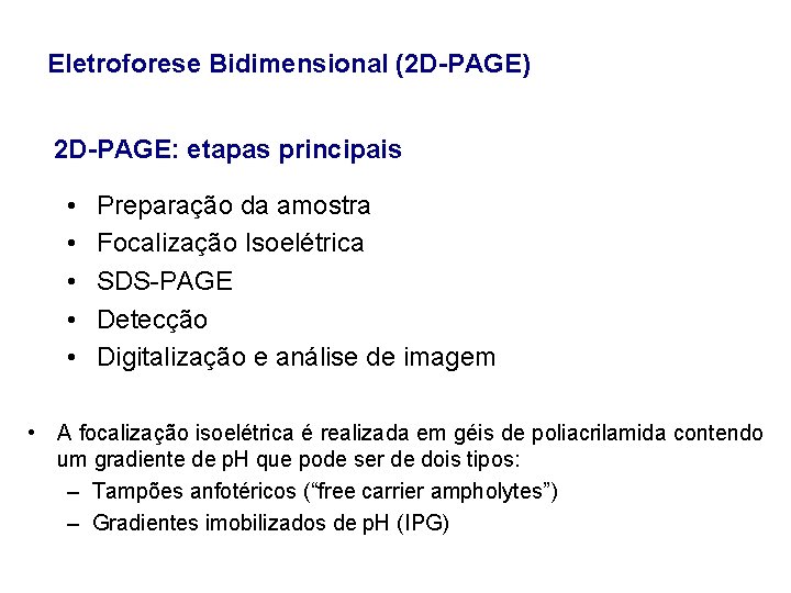 Eletroforese Bidimensional (2 D-PAGE) 2 D-PAGE: etapas principais • • • Preparação da amostra