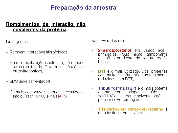 Preparação da amostra Rompimentos de interação não covalentes da proteina Detergentes: Agentes redutores: –