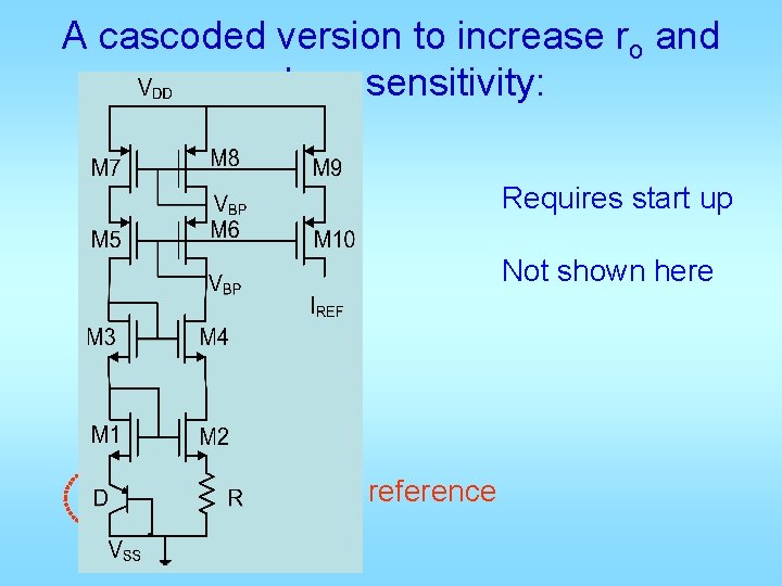 A cascoded version to increase ro and reduce sensitivity: Requires start up Not shown