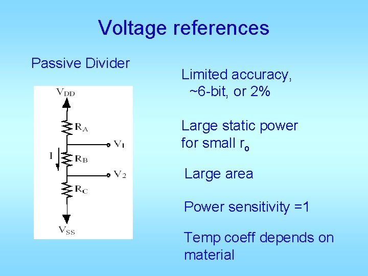 Voltage references Passive Divider Limited accuracy, ~6 -bit, or 2% Large static power for