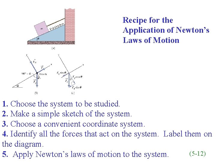 Recipe for the Application of Newton’s Laws of Motion 1. Choose the system to Recipe for the Application of Newton’s Laws of Motion 1. Choose the system to