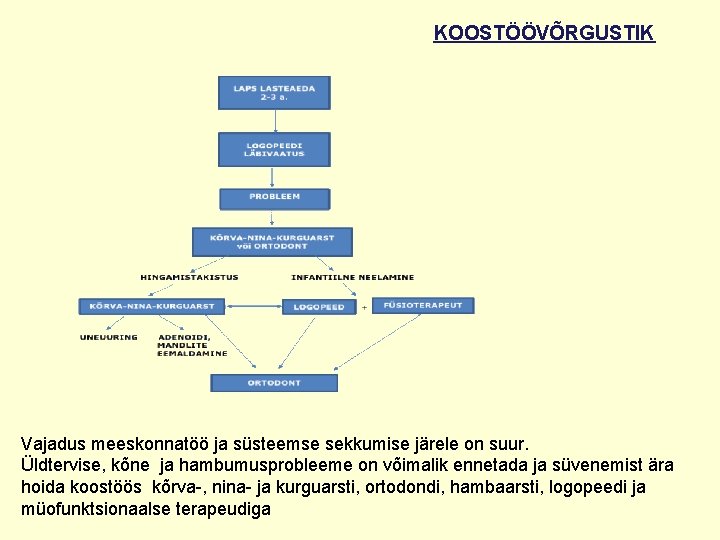 KOOSTÖÖVÕRGUSTIK Vajadus meeskonnatöö ja süsteemse sekkumise järele on suur. Üldtervise, kõne ja hambumusprobleeme on