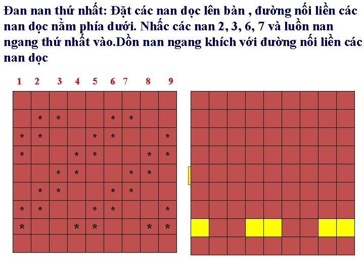 Đan nan thứ nhất: Đặt các nan dọc lên bàn , đường nối liền