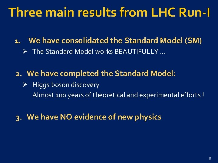 Three main results from LHC Run-I 1. We have consolidated the Standard Model (SM)