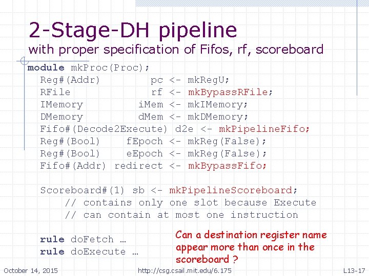 2 -Stage-DH pipeline with proper specification of Fifos, rf, scoreboard module mk. Proc(Proc); Reg#(Addr)