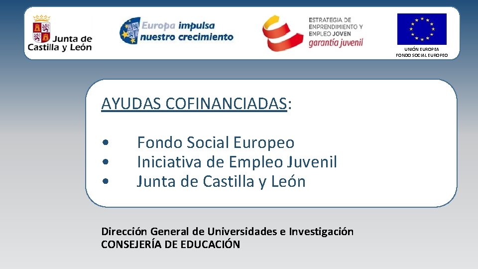 UNIÓN EUROPEA FONDO SOCIAL EUROPEO AYUDAS COFINANCIADAS: • • • Fondo Social Europeo Iniciativa