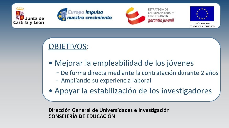 UNIÓN EUROPEA FONDO SOCIAL EUROPEO OBJETIVOS: • Mejorar la empleabilidad de los jóvenes -