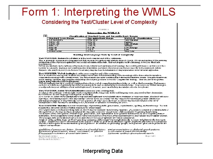 Form 1: Interpreting the WMLS Considering the Test/Cluster Level of Complexity Interpreting Data 
