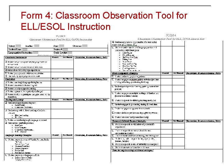 Form 4: Classroom Observation Tool for ELL/ESOL Instruction 