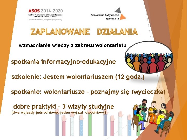 ZAPLANOWANE DZIAŁANIA wzmacnianie wiedzy z zakresu wolontariatu spotkania informacyjno-edukacyjne szkolenie: Jestem wolontariuszem (12 godz.