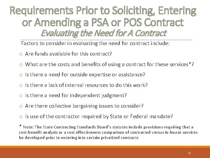 Requirements Prior to Soliciting, Entering or Amending a PSA or POS Contract Evaluating the