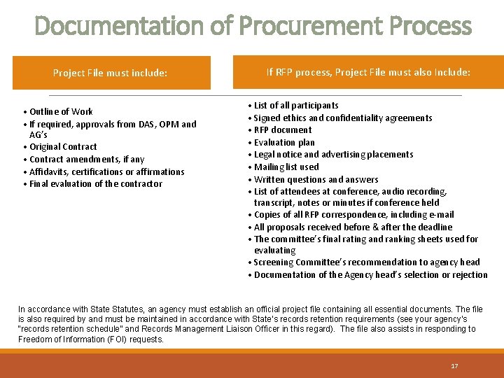Documentation of Procurement Process Project File must include: • Outline of Work • If