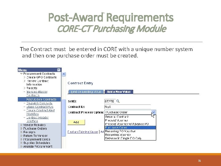 Post-Award Requirements CORE-CT Purchasing Module The Contract must be entered in CORE with a