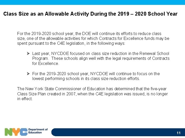 Class Size as an Allowable Activity During the 2019 – 2020 School Year For