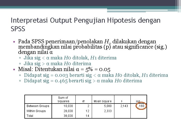 Interpretasi Output Pengujian Hipotesis dengan SPSS • Pada SPSS penerimaan/penolakan H 0 dilakukan dengan