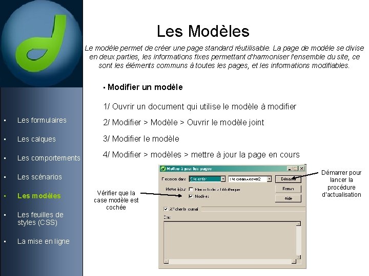 Les Modèles Le modèle permet de créer une page standard réutilisable. La page de