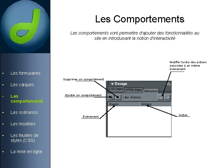 Les Comportements Les comportements vont permettre d’ajouter des fonctionnalités au site en introduisant la