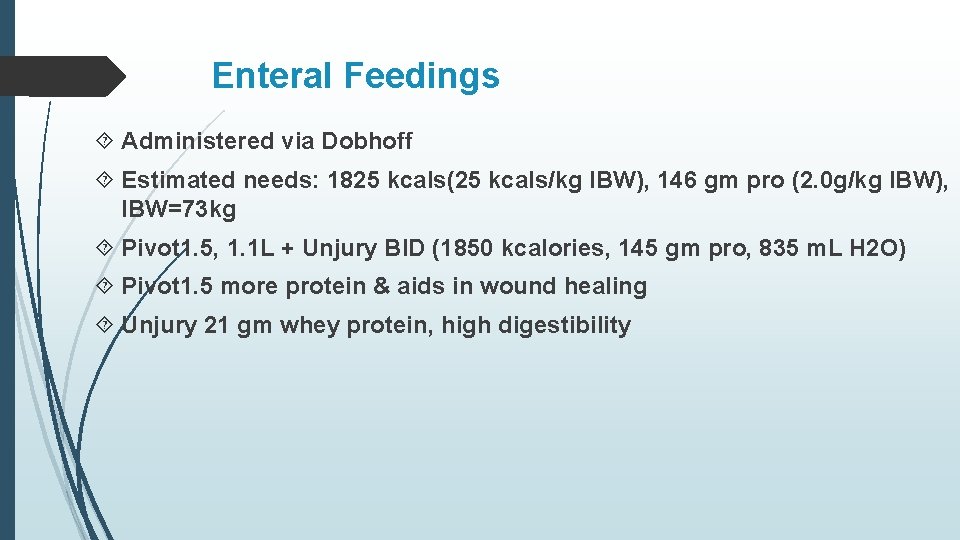 Enteral Feedings Administered via Dobhoff Estimated needs: 1825 kcals(25 kcals/kg IBW), 146 gm pro