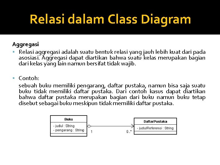 Relasi dalam Class Diagram Aggregasi Relasi aggregasi adalah suatu bentuk relasi yang jauh lebih