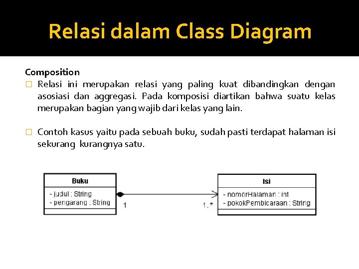 Relasi dalam Class Diagram Composition � Relasi ini merupakan relasi yang paling kuat dibandingkan