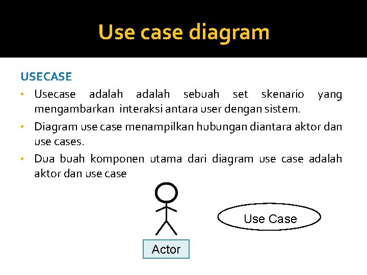Use case diagram USECASE • Usecase adalah sebuah set skenario yang mengambarkan interaksi antara