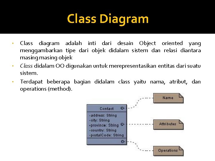 Class Diagram • • • Class diagram adalah inti dari desain Object oriented yang