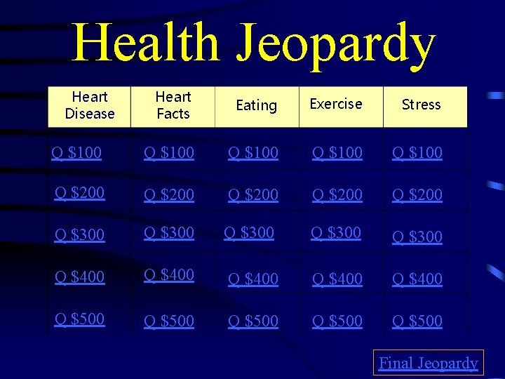 Health Jeopardy Heart Disease Heart Facts Eating Exercise Stress Q $100 Q $100 Q