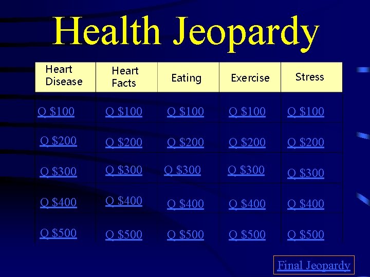 Health Jeopardy Heart Disease Heart Facts Eating Q $100 Q $100 Q $200 Q