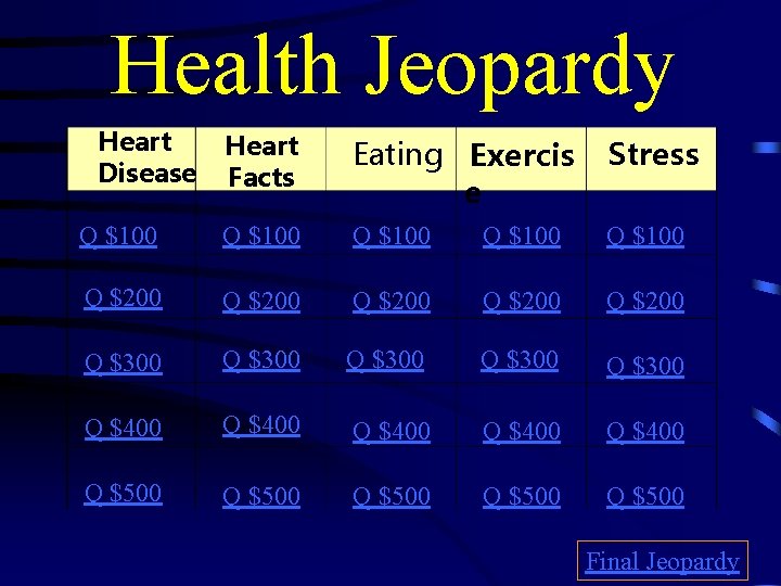 Health Jeopardy Heart Disease Heart Facts Eating Exercis e Stress Q $100 Q $100