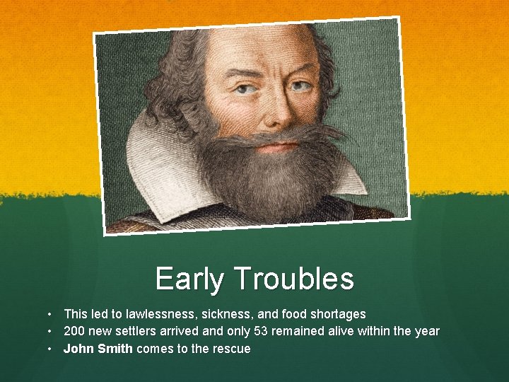 Early Troubles • This led to lawlessness, sickness, and food shortages • 200 new