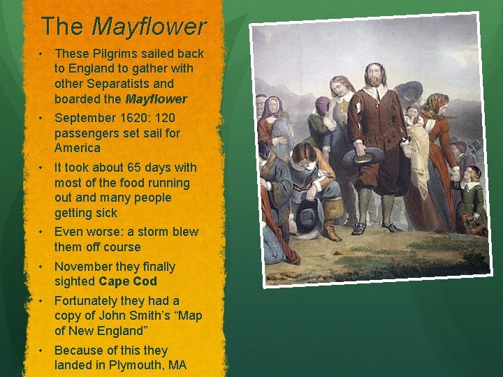 The Mayflower • These Pilgrims sailed back to England to gather with other Separatists