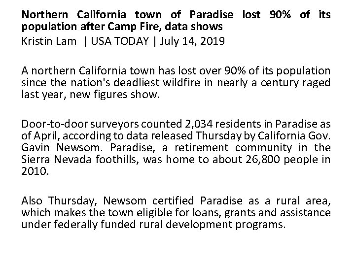 Northern California town of Paradise lost 90% of its population after Camp Fire, data