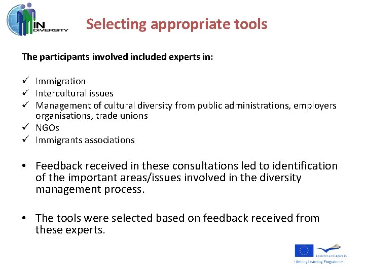 Selecting appropriate tools The participants involved included experts in: ü Immigration ü Intercultural issues