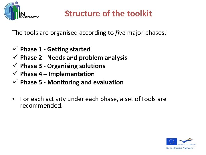 Structure of the toolkit The tools are organised according to five major phases: ü