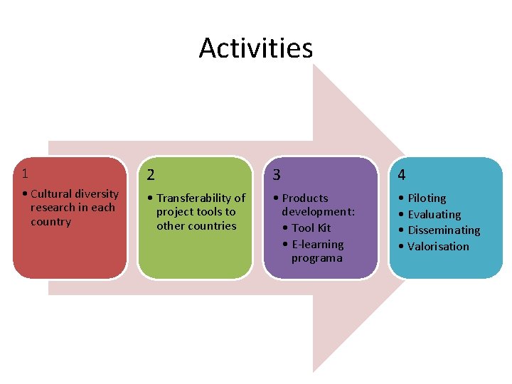 Activities 1 2 3 4 • Cultural diversity research in each country • Transferability