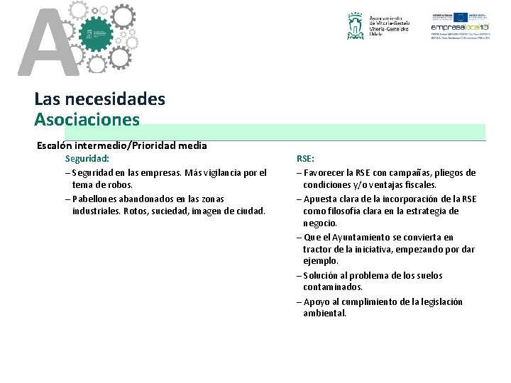 A Las necesidades Asociaciones Escalón intermedio/Prioridad media Seguridad: – Seguridad en las empresas. Más