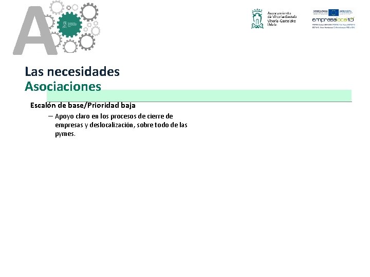 A Las necesidades Asociaciones Escalón de base/Prioridad baja – Apoyo claro en los procesos