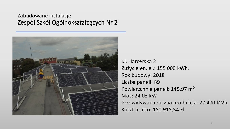 Zabudowane instalacje Zespół Szkół Ogólnokształcących Nr 2 ul. Harcerska 2 Zużycie en. el. :