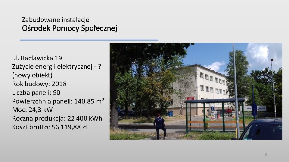 Zabudowane instalacje Ośrodek Pomocy Społecznej ul. Racławicka 19 Zużycie energii elektrycznej - ? (nowy