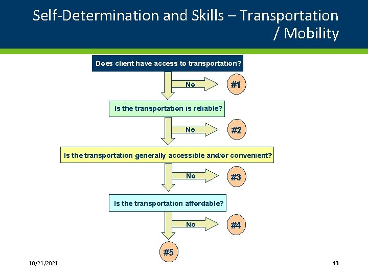 Self-Determination and Skills – Transportation / Mobility Does client have access to transportation? No