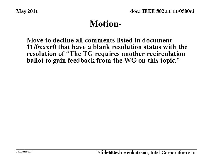 May 2011 doc. : IEEE 802. 11 -11/0500 r 2 Motion. Move to decline